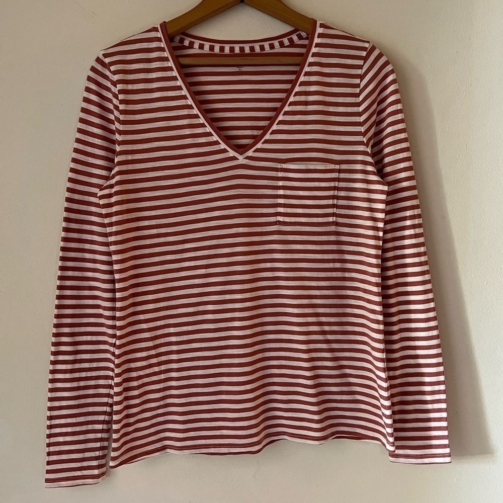Garnet Hill Organic Pima Cotton M Weekender V-Neck Long-Sleeve Tee Stripe Pocket